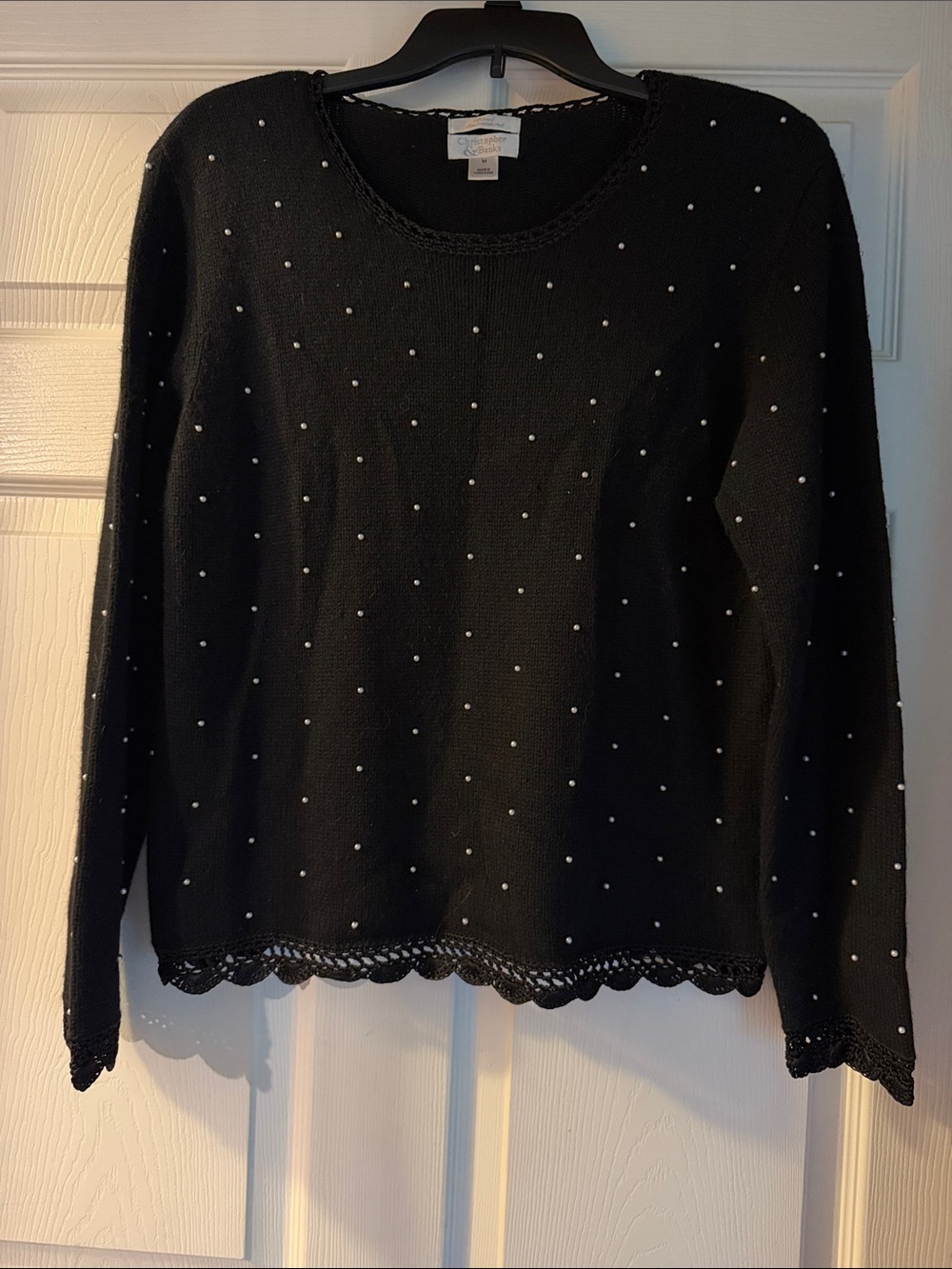 Christopher & Banks Black Hand Embroidered Pearl Embellished Knit Sweater